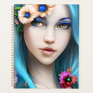 Ätherische Frau mit Blumen in ihren blauen Haaren Planer