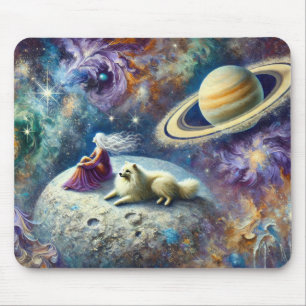 Ätherische kosmische Szene mit Frau, Hund und Satu Mousepad