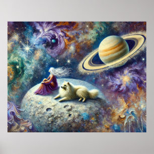 Ätherische kosmische Szene mit Frau, Hund und Satu Poster