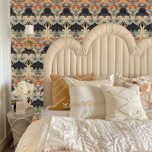 Ätherische Orangen- und Crembäume Tapete (Fairycore Ethereal Orange & Cream Trees Wallpaper behind a cream colored headboard.)