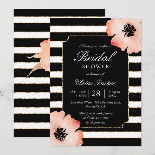 Ätherische Pfirsich Magnolia Stripe Hochzeit Schwa Einladung (Vorne/Hinten)