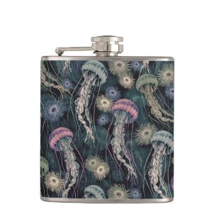 Ätherische Quallen und Anemone in Aquamarin und ro Flachmann