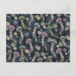 Ätherische Quallen und Anemone in Aquamarin und ro Postkarte