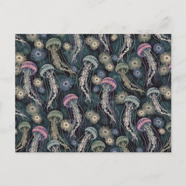 Ätherische Quallen und Anemone in Aquamarin und ro Postkarte (Vorderseite)