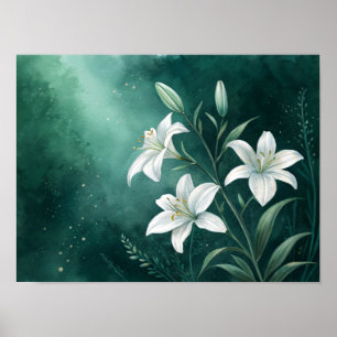 Ätherische weiße Lilien in Blüte: Ein düsteres Sma Poster