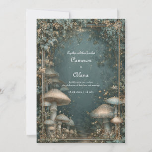 Ätherischer Türkis-Pilz-Wald Goldrahmen-Hochzeit Einladung