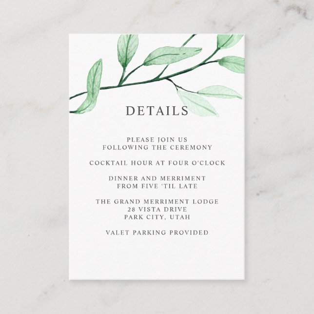 Ätherisches grünes WEDDING Hotel Details Unterkunf Begleitkarte (Vorderseite)