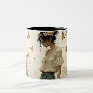 Ätherisches Mädchen mit Schmetterlingen in der Nat Zweifarbige Tasse