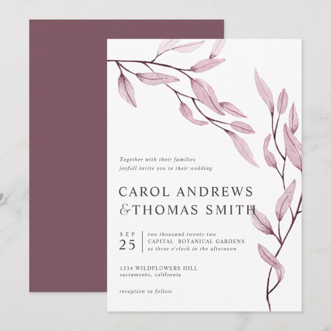 Ätherisches Rosa | Vertikale botanische Blätter Ho Einladung (Vorne/Hinten)