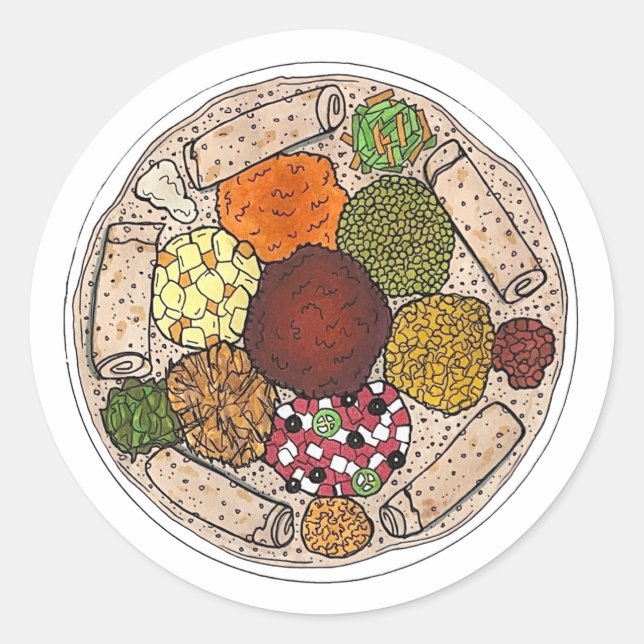 Äthiopische Küche Lebensmittelplattform Injera Wat Runder Aufkleber (Vorderseite)