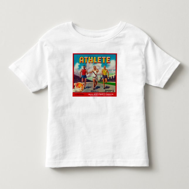 Athleten-Marken-Zitrusfrucht-Kisten-Aufkleber Kleinkind T-shirt (Vorderseite)