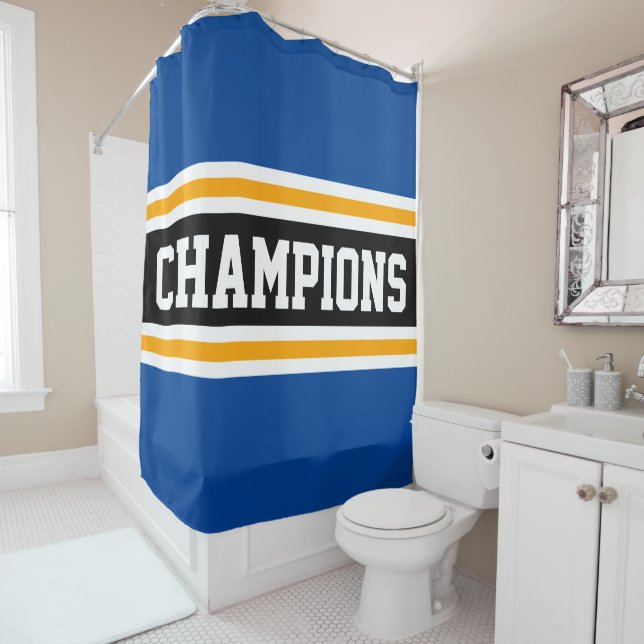 Athletic CHAMPIONS Blue Black Racing Stripes Duschvorhang (Beispiel)