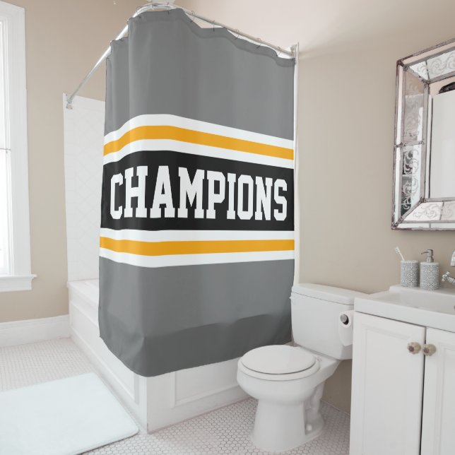 Athletic CHAMPIONS Grau Black Racing Stripes Duschvorhang (Beispiel)