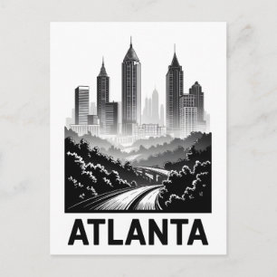 Atlanta Georgia Skyline Schwarz Weiß Holzschnitt Postkarte
