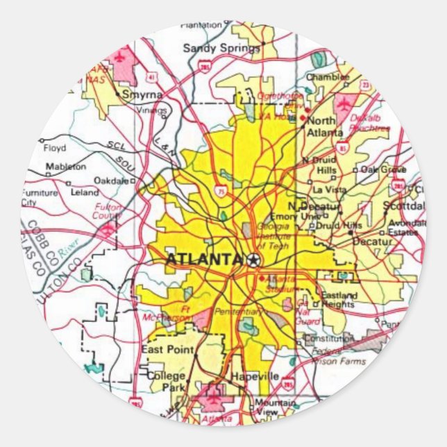 Atlanta-Karte Runder Aufkleber (Vorderseite)
