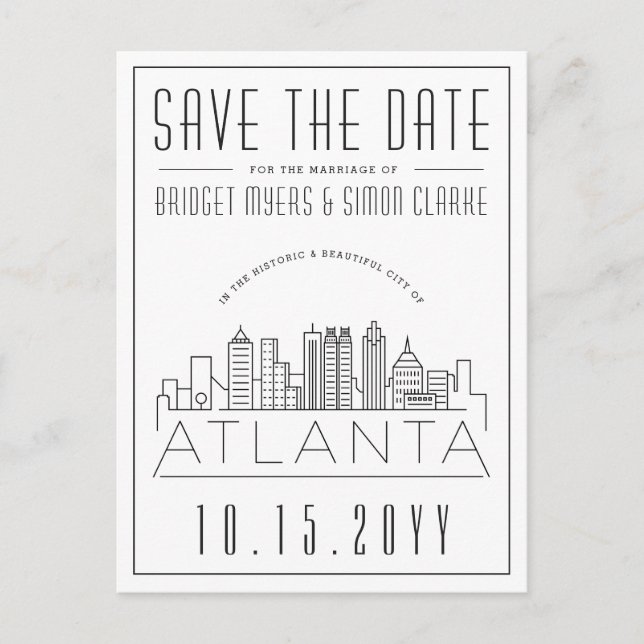 Atlanta Wedding | Stilisierte Skyline Save the Dat Postkarte (Vorderseite)