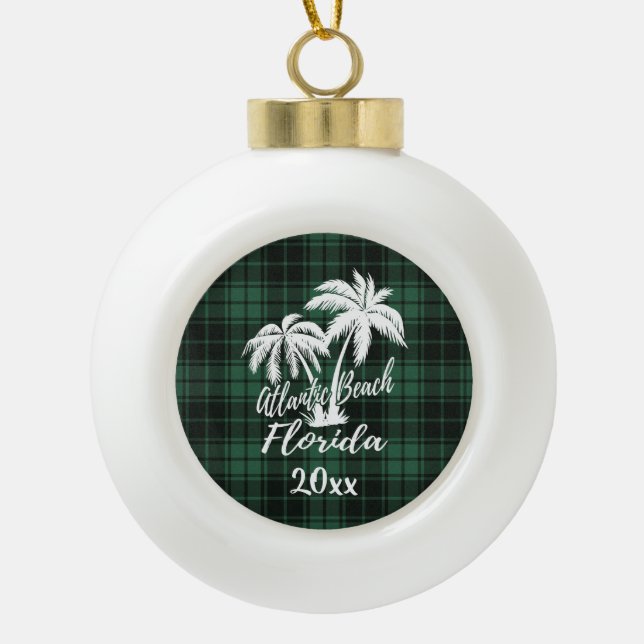 Atlantic Beach Florida Palm Tree Green Kariert Keramik Kugel-Ornament (Vorderseite)