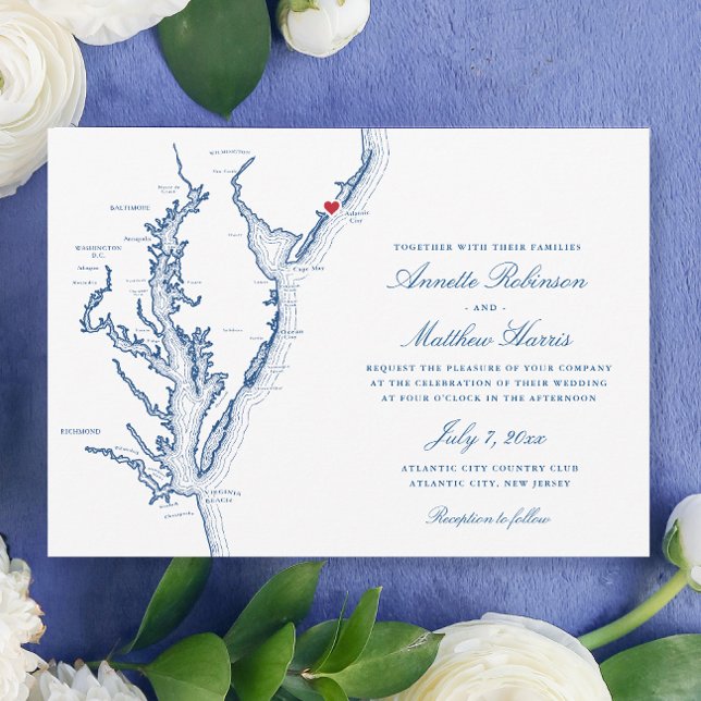 Atlantic City New Jersey Elegante Wedding Einladung (Elegant Atlantic City NJ Wedding invitation with navy blue Jersey Shore map from Coastal Map Designs)