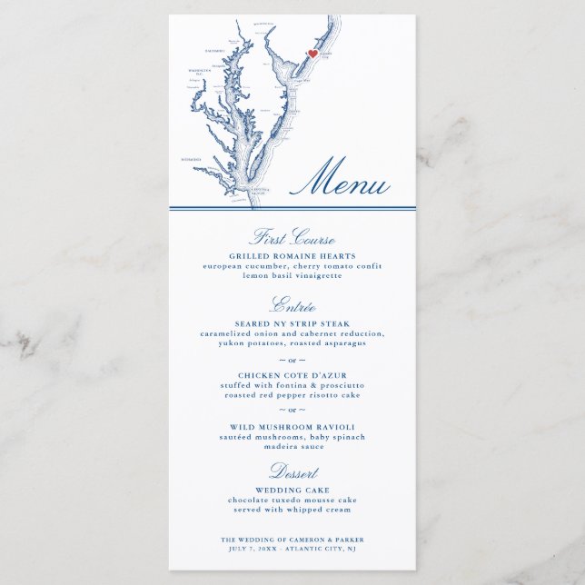 Atlantic City NJ Map Elegant Navy Blue Wedding Menükarte (Vorderseite)