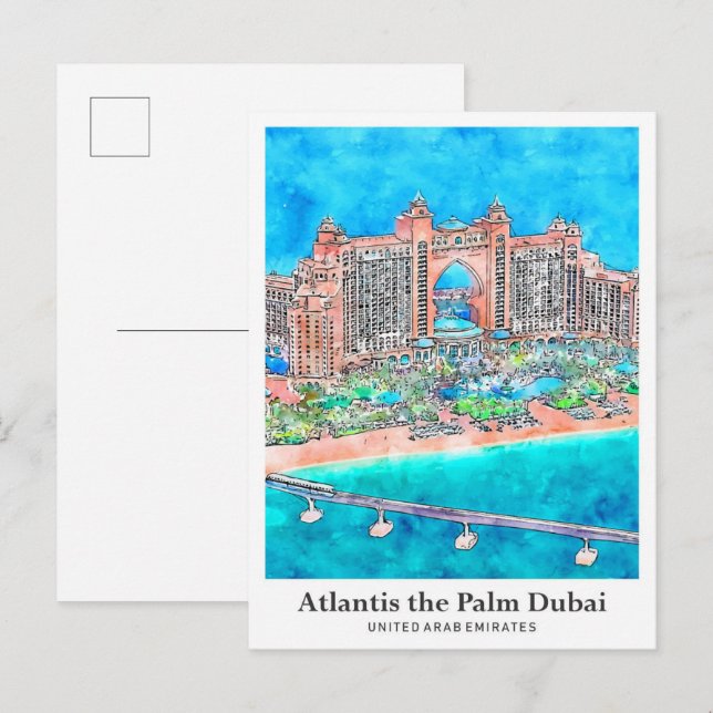 Atlantis Palm Dubai UAE Reisesaal Wasserfarbe Postkarte (Vorne/Hinten)