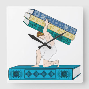 Atlas Holding Stack of Books Quadratische Wanduhr