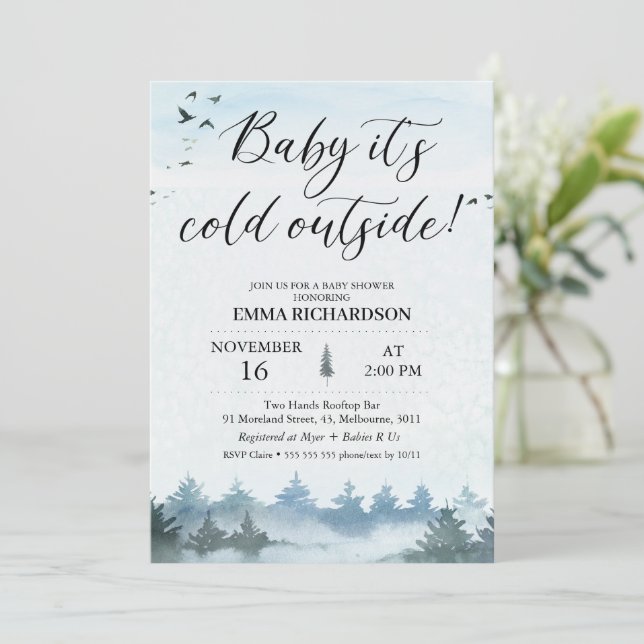 Atmosphärisches Baby Es ist kalt draußen Babydusch Einladung (Stehend Vorderseite)