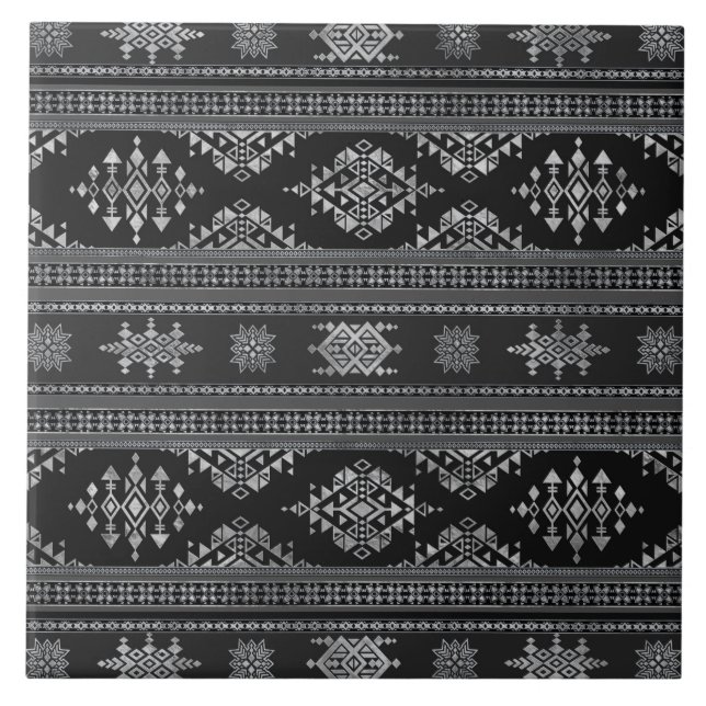 Ätnische Ornamente - Graustufen-Silber Fliese (Vorderseite)
