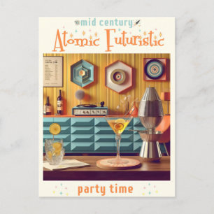 Atom-Retro-Futuristik-Party-Raum Mitte des Jahrhun Postkarte