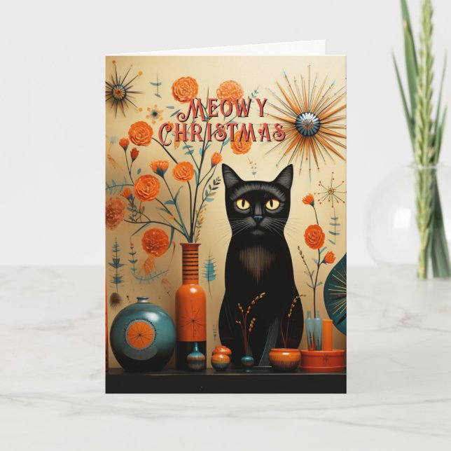 Atomare Retro-Sputnik-Katze Orange Schwarz Türkis Karte (Vorderseite)
