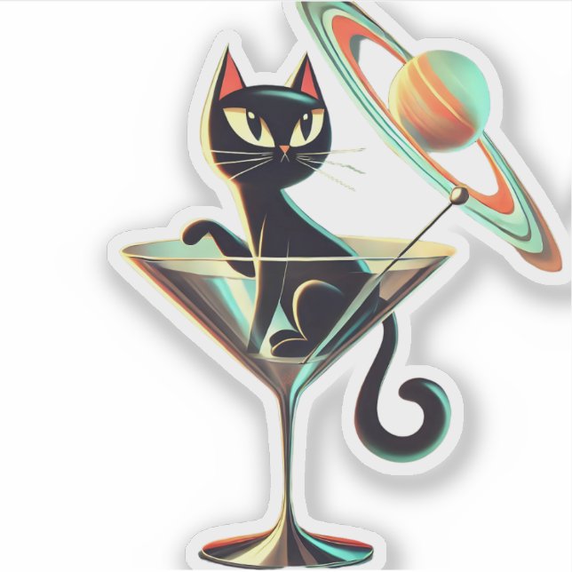 Atomfuturistic Space Age Black Cat Martini Aufkleber (Vorderseite)
