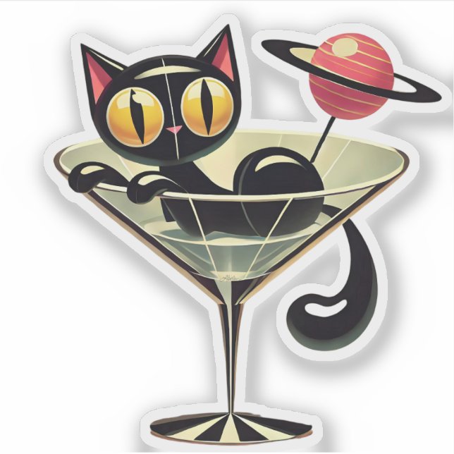 Atomfuturistic Space Age Black Cat Martini Aufkleber (Vorderseite)