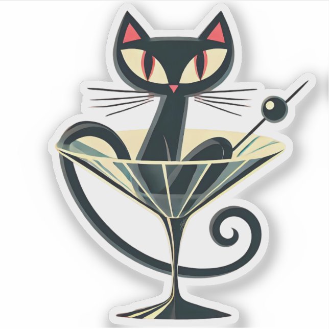 Atomfuturistic Space Age Black Cat Martini Aufkleber (Vorderseite)