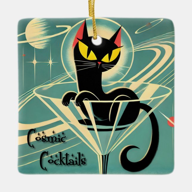 Atomfuturistic Space Age Black Cat Martini Keramikornament (Vorderseite)