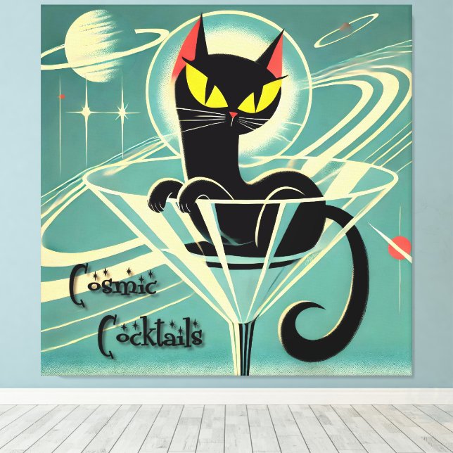 Atomfuturistic Space Age Black Cat Martini Leinwanddruck (Insitu (Holzboden))