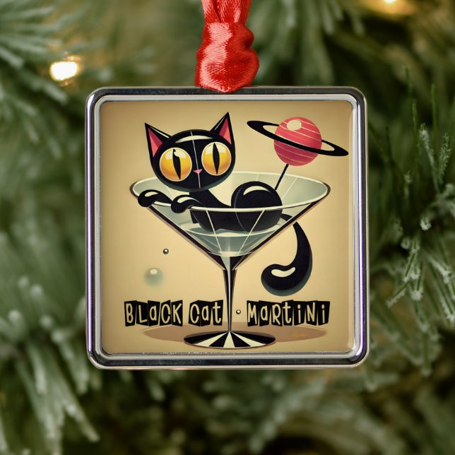 Atomfuturistic Space Age Black Cat Martini Ornament Aus Metall (Baum)