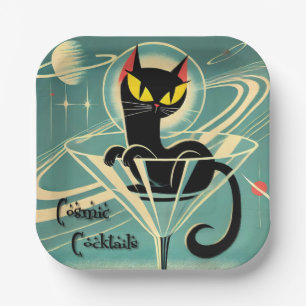 Atomfuturistic Space Age Black Cat Martini Pappteller