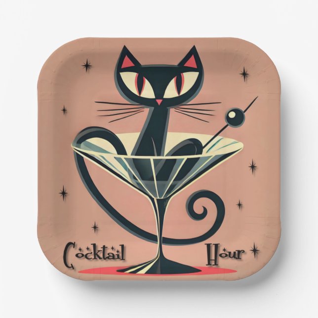 Atomfuturistic Space Age Black Cat Martini Pappteller (Vorderseite)
