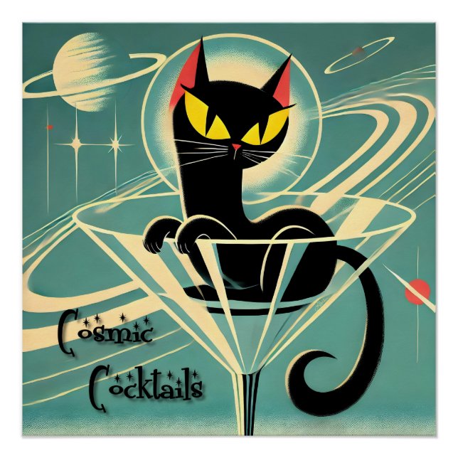 Atomfuturistic Space Age Black Cat Martini Poster (Vorderseite)