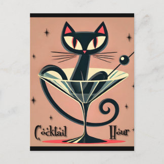 Atomfuturistic Space Age Black Cat Martini Postkarte
