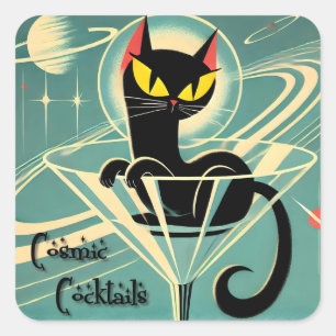 Atomfuturistic Space Age Black Cat Martini Quadratischer Aufkleber