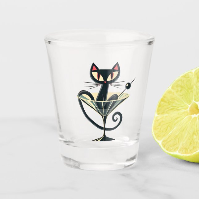 Atomfuturistic Space Age Black Cat Martini Schnapsglas (Vorderseite)