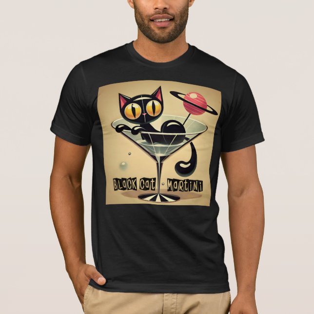 Atomfuturistic Space Age Black Cat Martini T-Shirt (Vorderseite)
