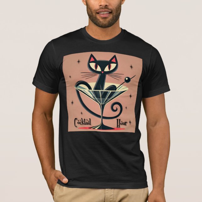 Atomfuturistic Space Age Black Cat Martini T-Shirt (Vorderseite)