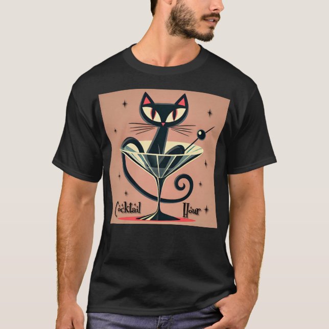 Atomfuturistic Space Age Black Cat Martini T-Shirt (Vorderseite)