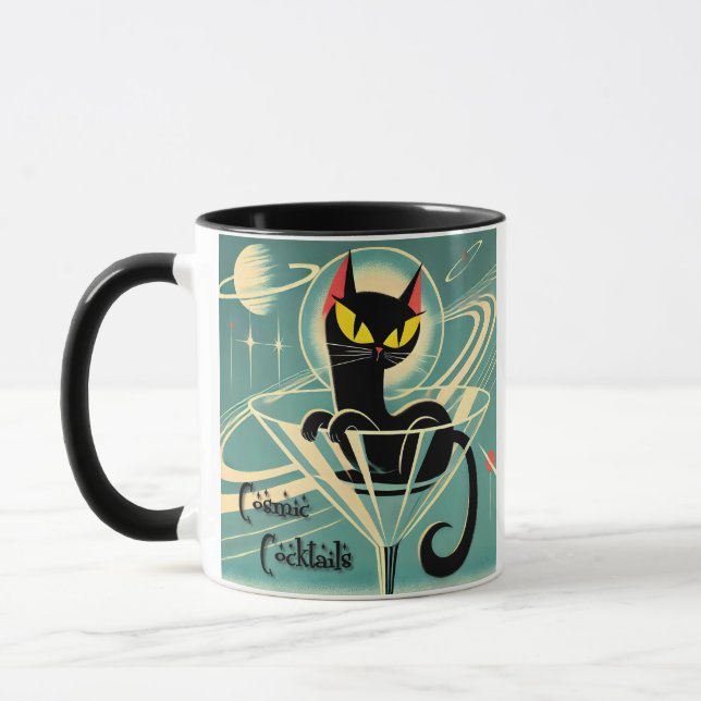 Atomfuturistic Space Age Black Cat Martini Tasse (Links)