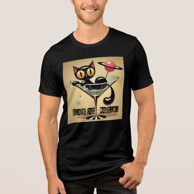 Atomfuturistic Space Age Black Cat Martini Tri-Blend Shirt (Vorderseite)