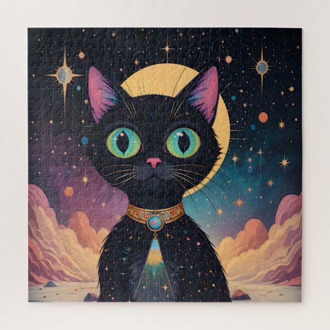 Atomfuturistische, kosmische schwarze Katze im Mon (Vertikal)