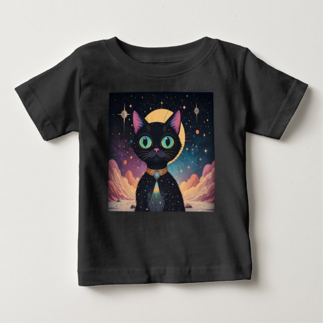 Atomfuturistische, kosmische schwarze Katze im Mon Baby T-shirt (Vorderseite)