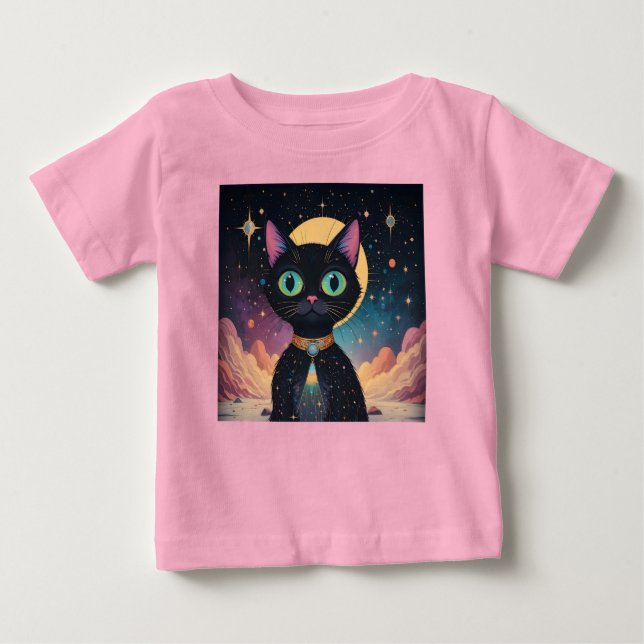 Atomfuturistische, kosmische schwarze Katze im Mon Baby T-shirt (Vorderseite)