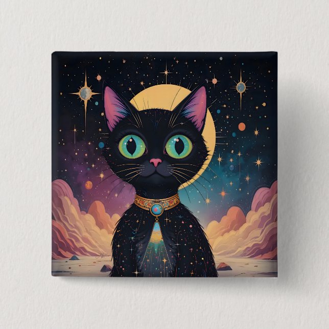 Atomfuturistische, kosmische schwarze Katze im Mon Button (Vorderseite)